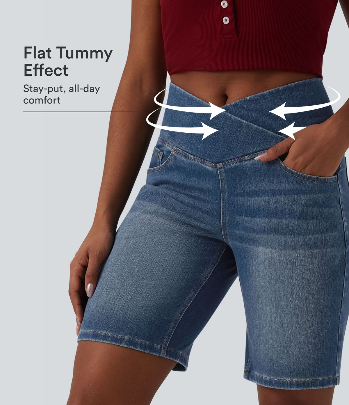 Halara Flex™ High Waisted Crossover Tummy Control Denim Casual Bermuda Shorts with Pockets