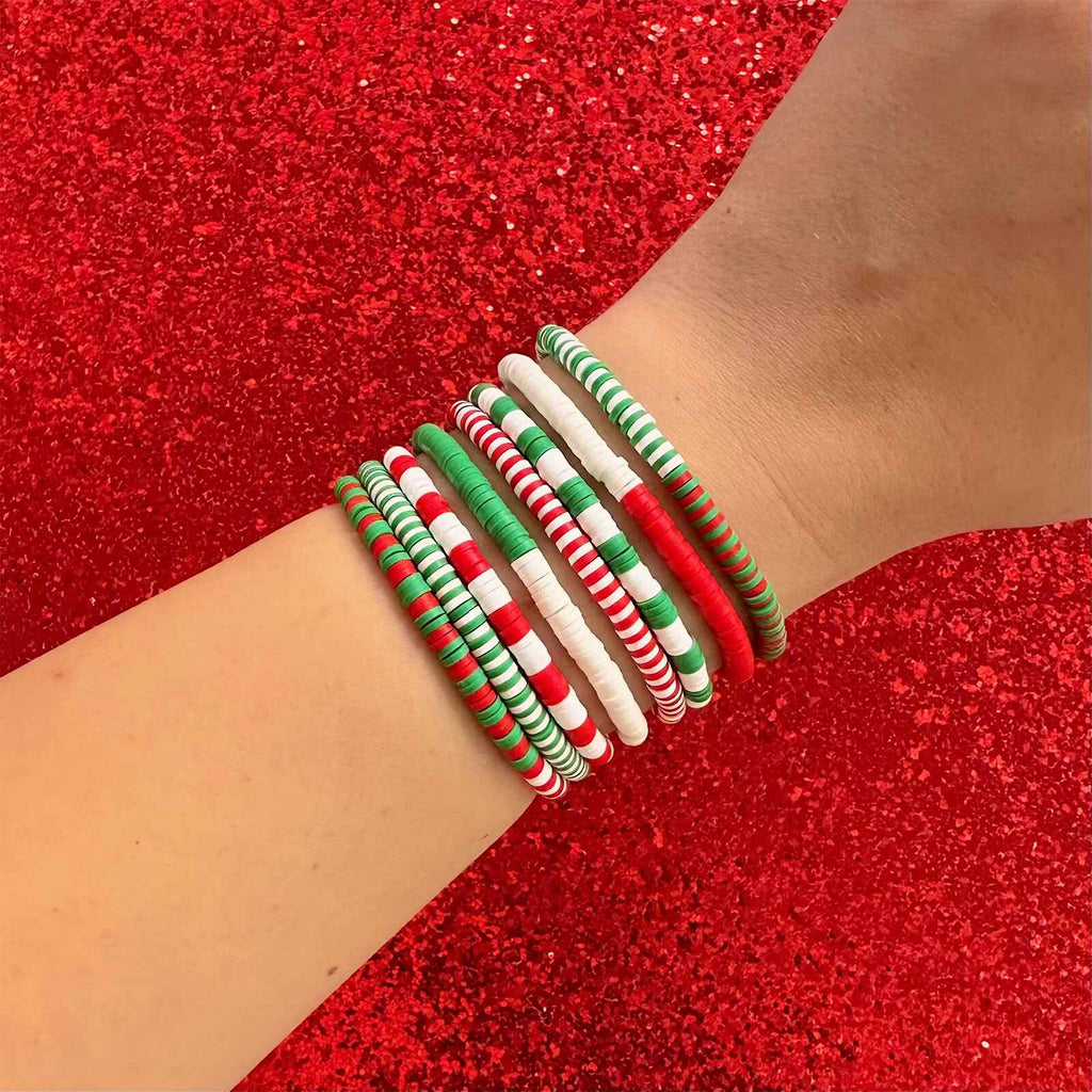 Red, Green & White Stretch Bracelet Set of 8
