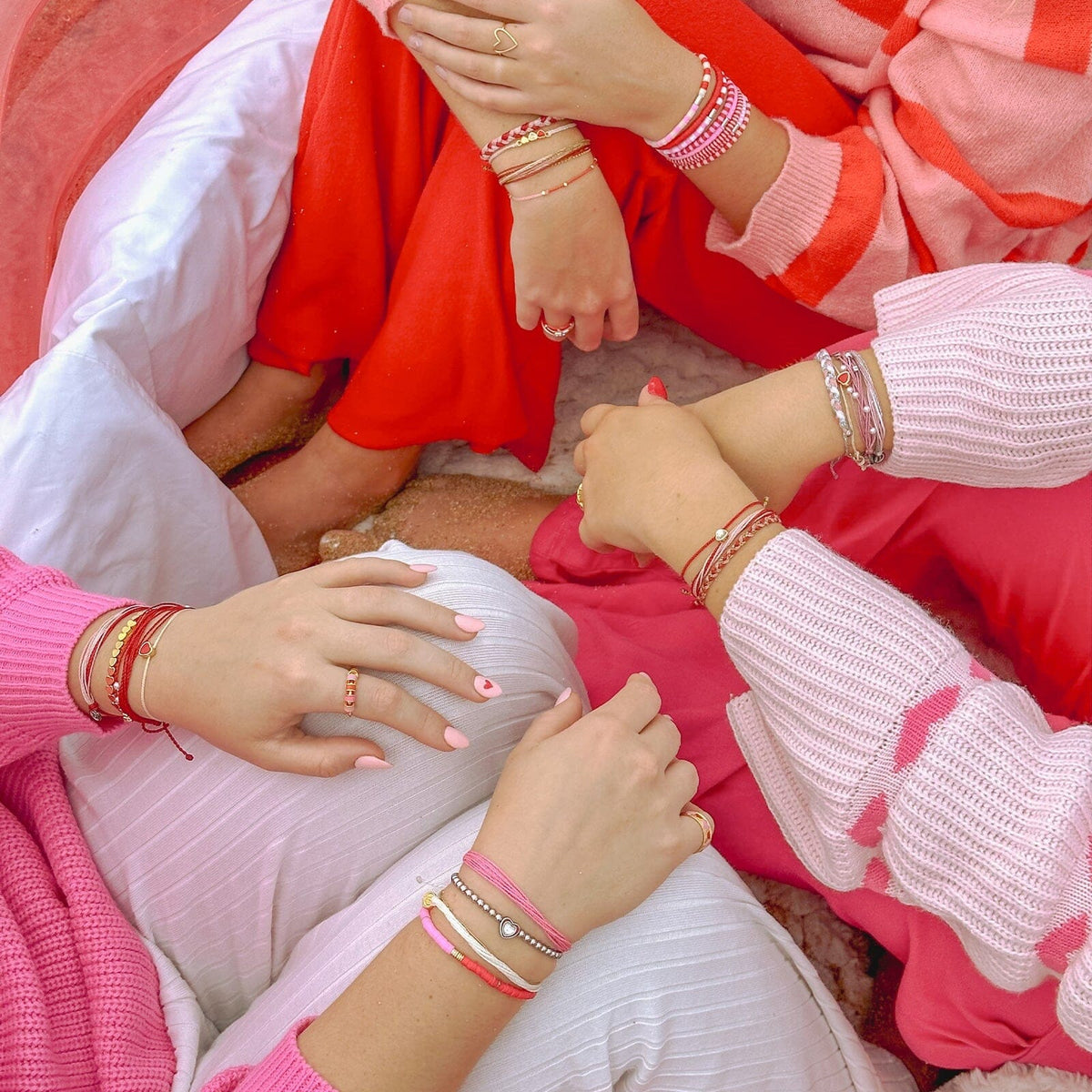 Pink and Red Vinyl Disc Bead Stretch Bracelet Set