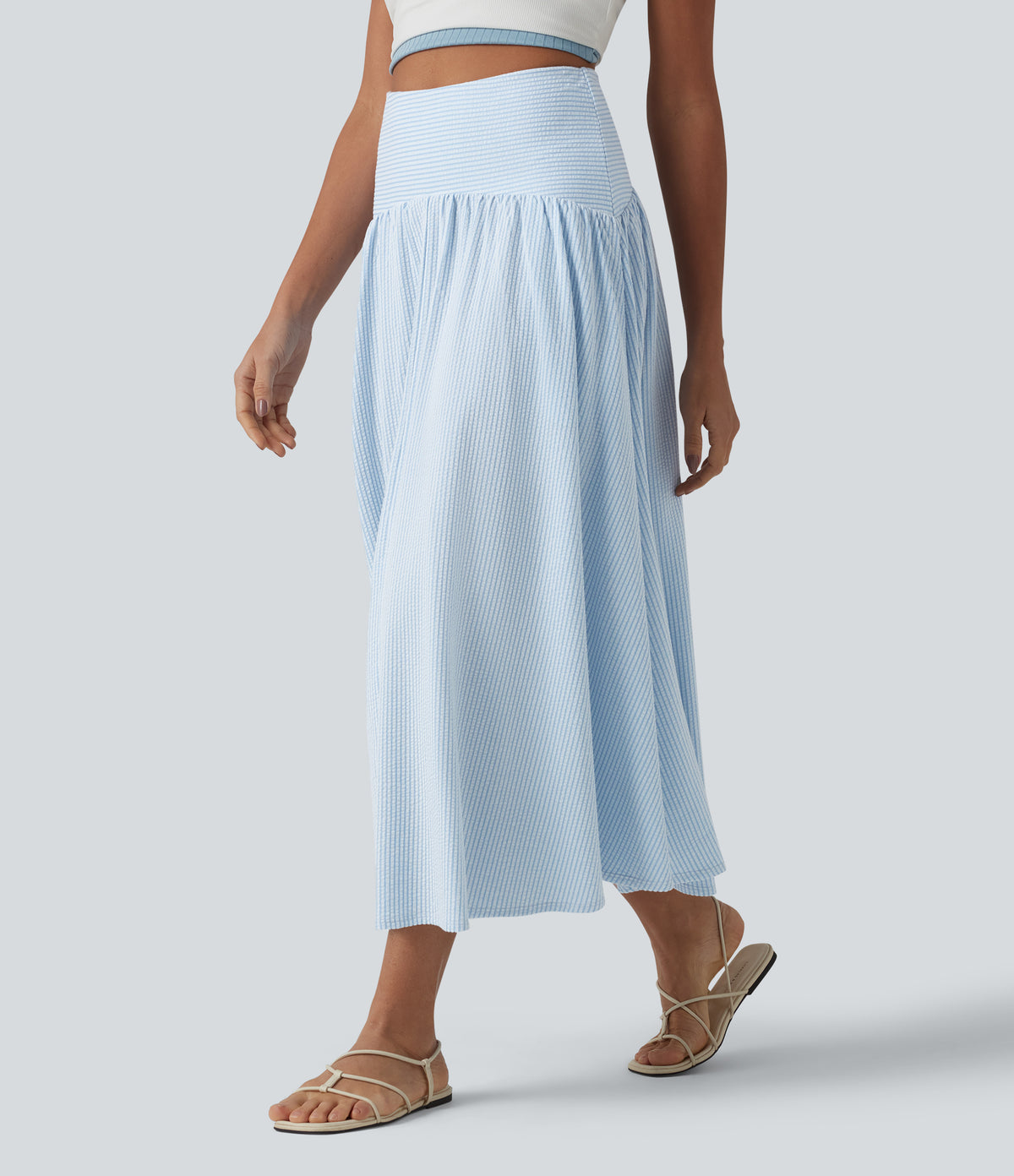 High Waisted Midi Stripes Crinkle Cotton Casual Flowy Skirt with Pockets
