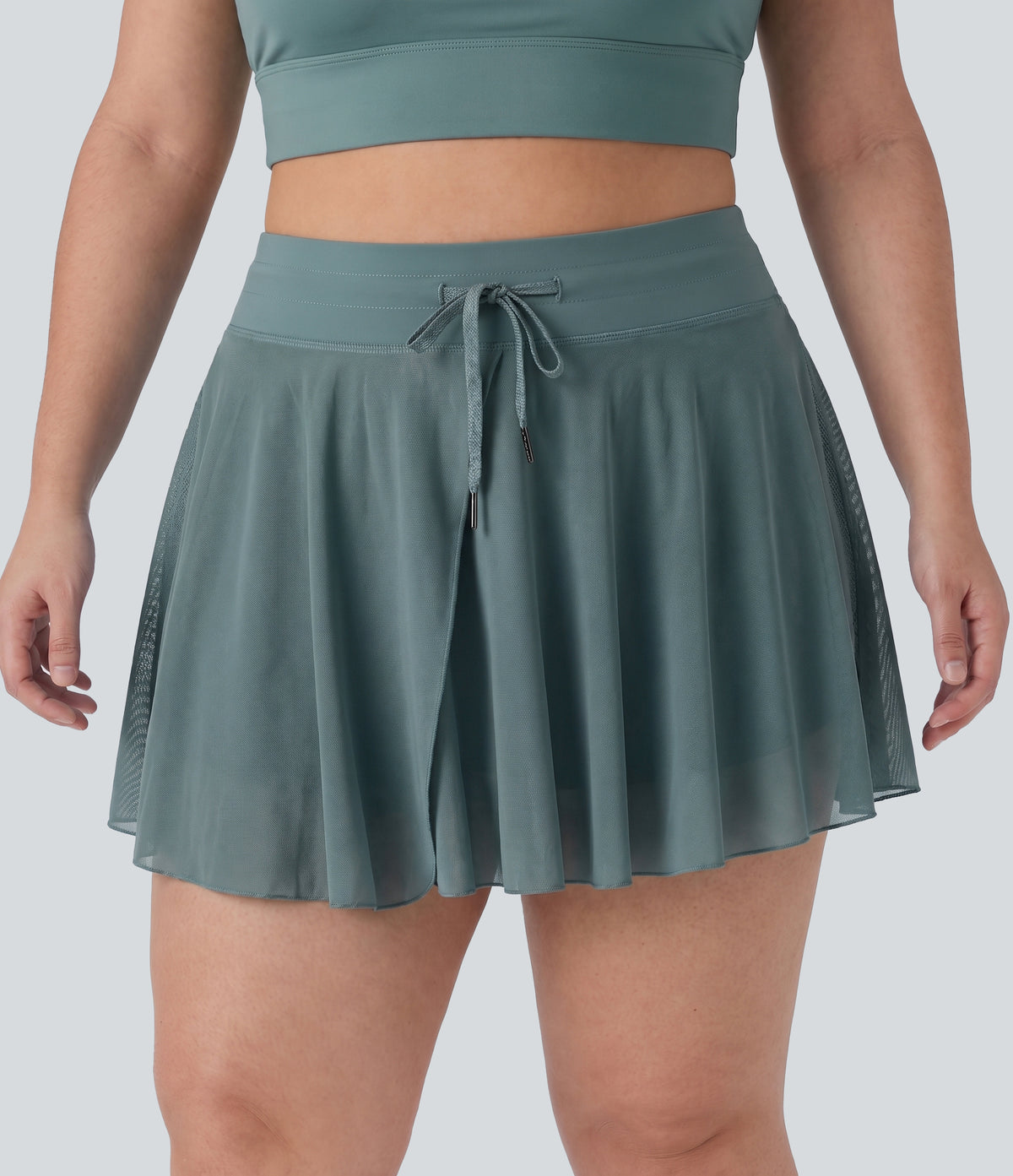 Plus Size High Waisted Drawstring Contrast Mesh 2-in-1 Flowy Mini Flare Casual Skirt with Pockets-Longer Length