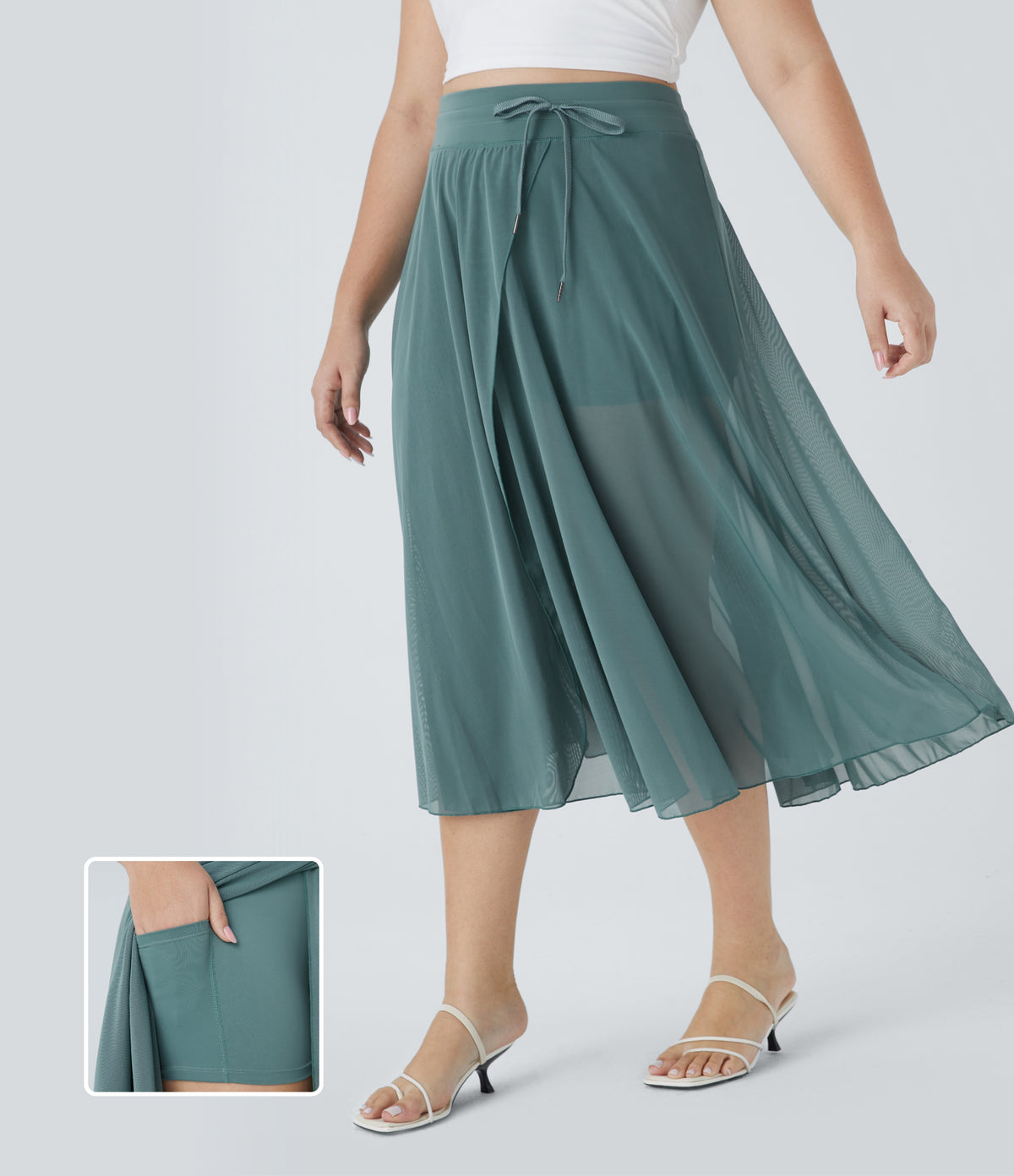 High Waisted Drawstring Contrast Mesh 2-in-1 Pocket Flowy Midi Flare Casual Plus Size Skirt
