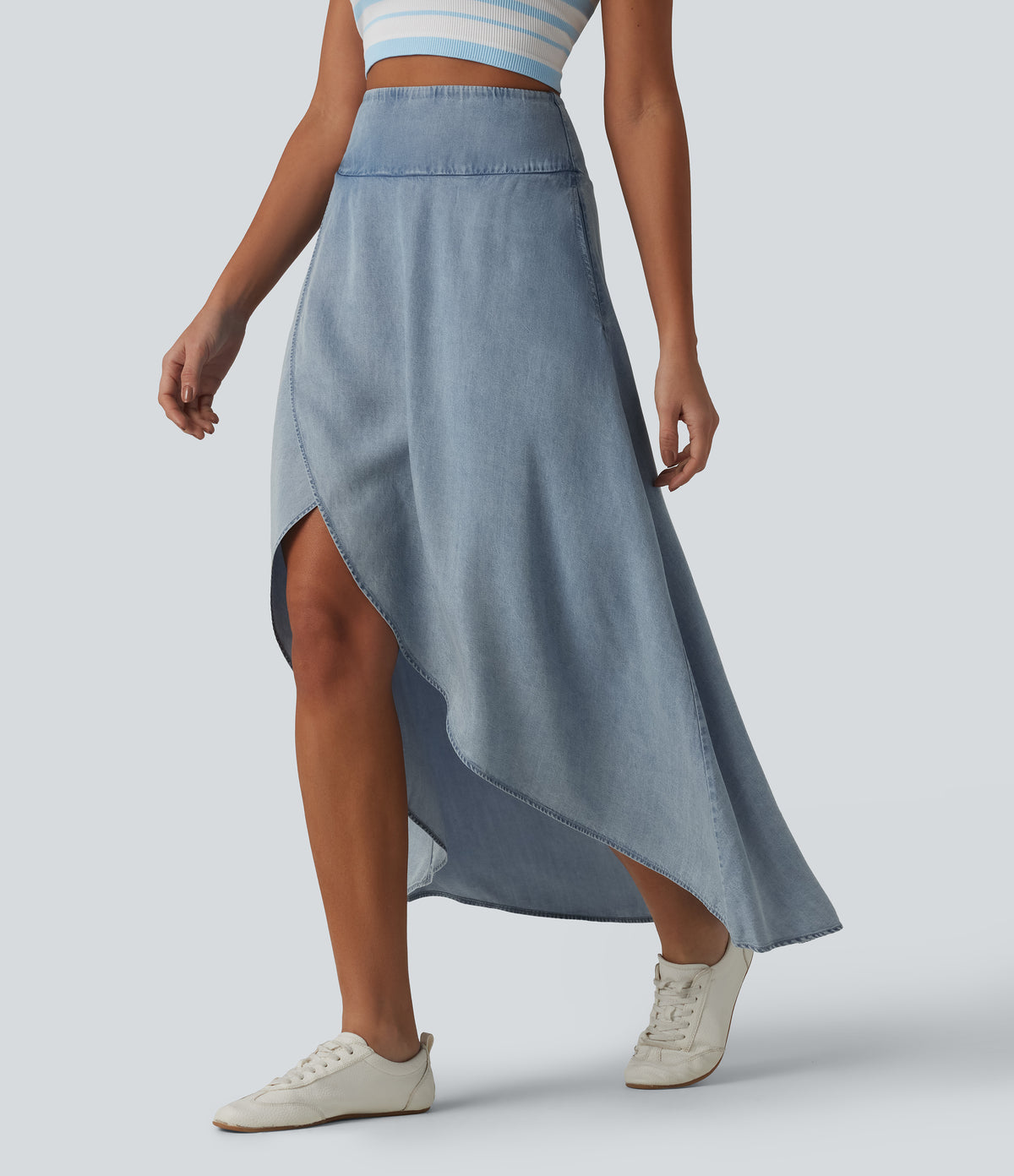 High Waisted Invisible Zipper Asymmetric Hem Midi Draped Lyocell Denim Casual Flowy Skirt with Pockets
