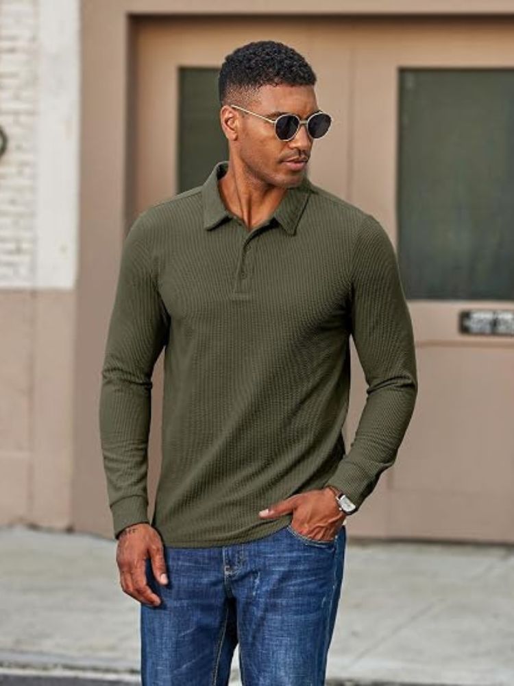 Vintage-Style Corduroy Long Sleeve Polo Shirt (US Only)