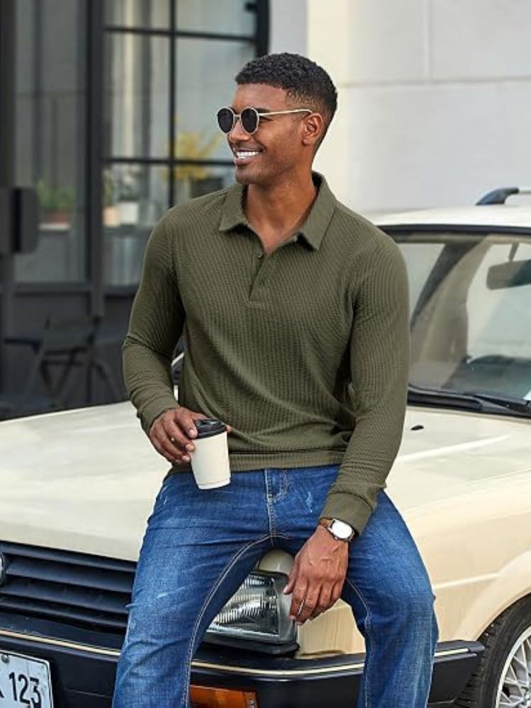 Vintage-Style Corduroy Long Sleeve Polo Shirt (US Only)