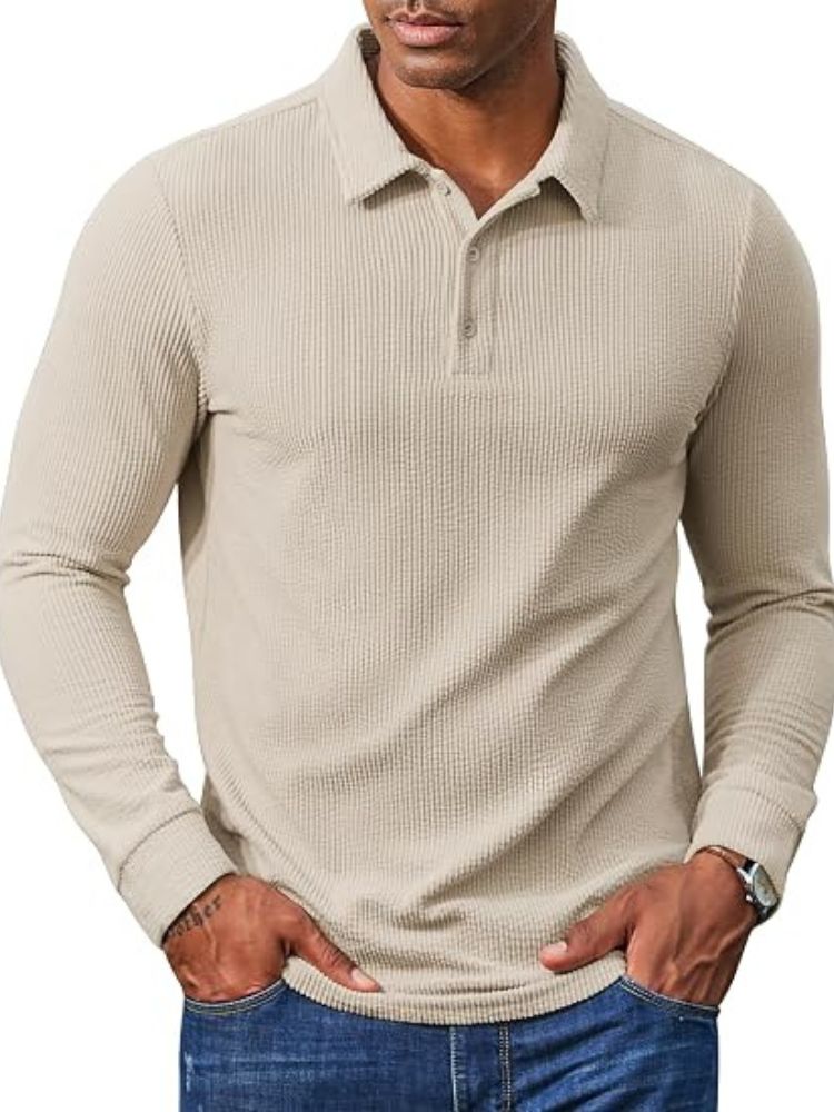 Vintage-Style Corduroy Long Sleeve Polo Shirt (US Only)