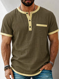 Men's Contrast Trim Henley Short Sleeve Cotton Linen Shirt