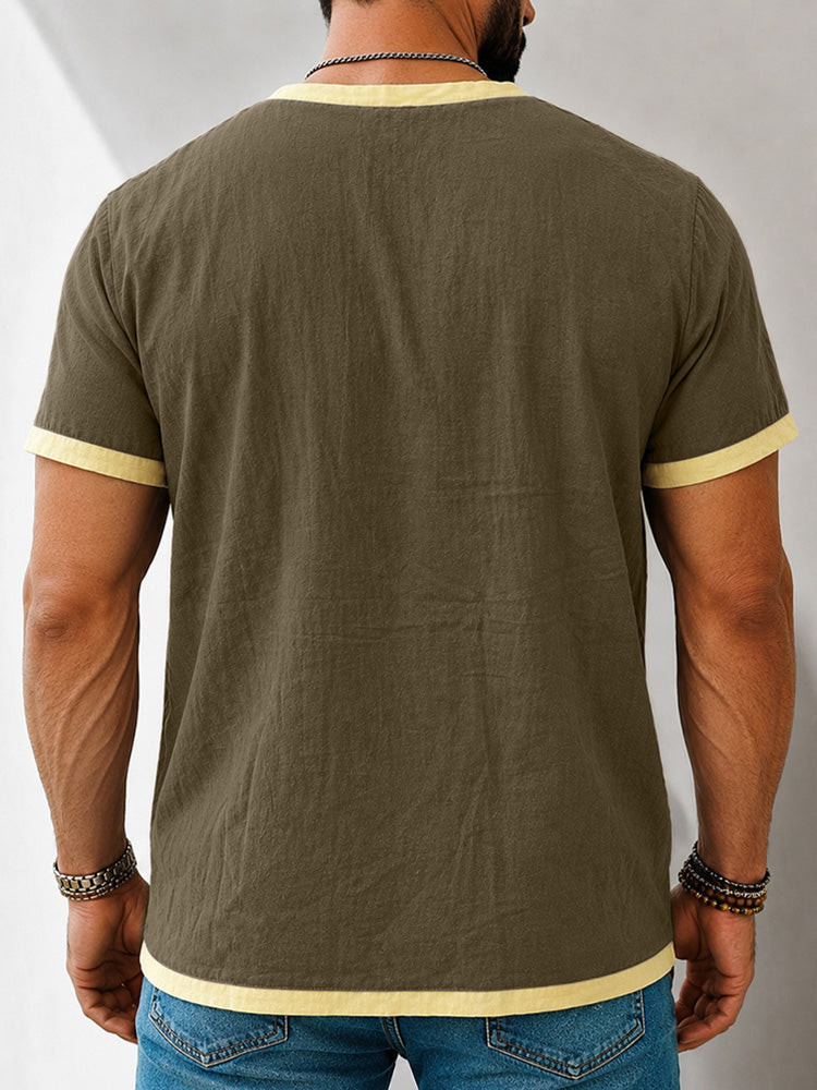 Men's Contrast Trim Henley Short Sleeve Cotton Linen Shirt