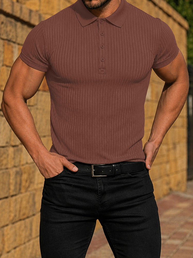 Men's Slim Fit Ribbed Knit Short Sleeve Polo Shirt