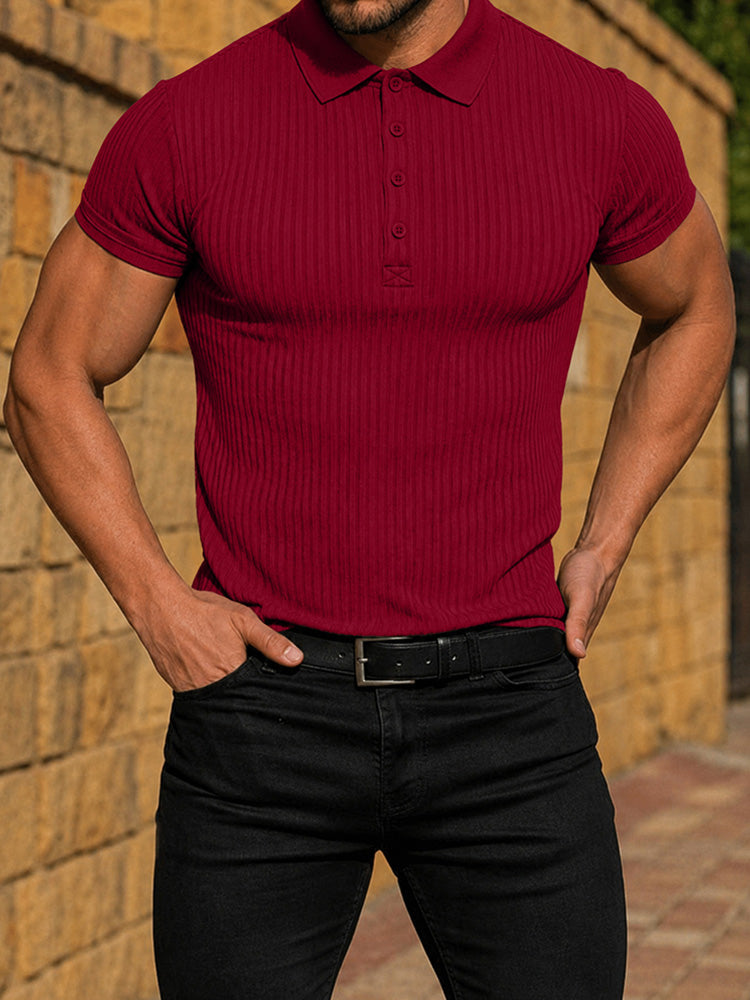 Men's Slim Fit Ribbed Knit Short Sleeve Polo Shirt