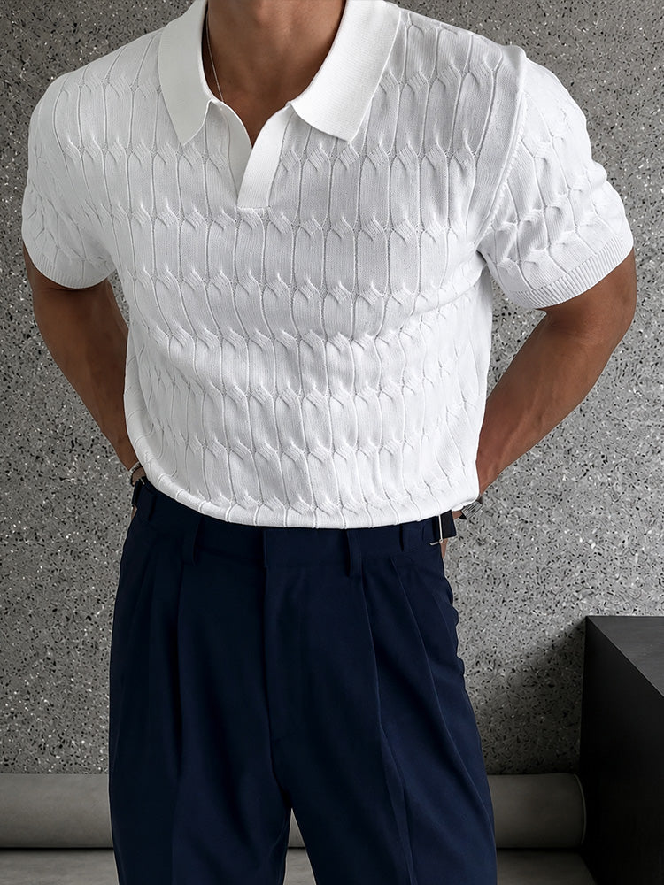 Knit Polo Shirt Short Sleeve Textured Cable