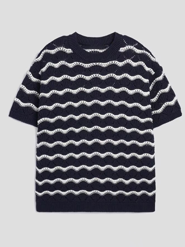 Sweater Wavy Scalloped Openwork Crew Neck Top