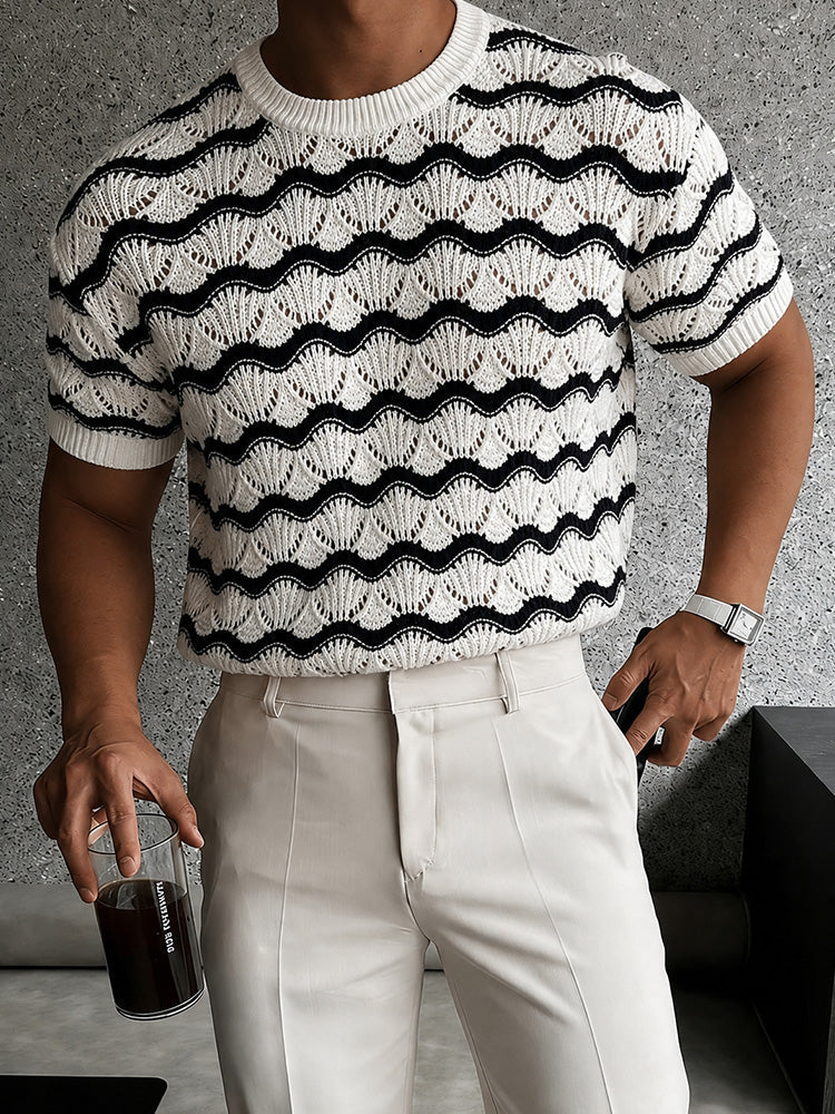 Sweater Wavy Scalloped Openwork Crew Neck Top