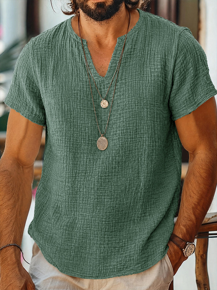 Short Sleeve Raw Edge Textured Double Gauze Casual Beach Tee