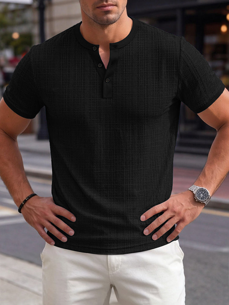 Short Sleeve Three-Button Placket Banded Collar Textured Grid Knit Casual Tee