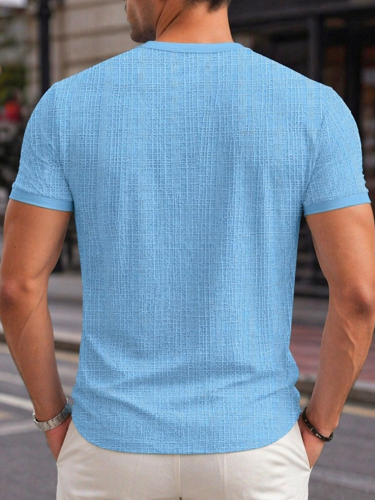 Short Sleeve Three-Button Placket Banded Collar Textured Grid Knit Casual Tee