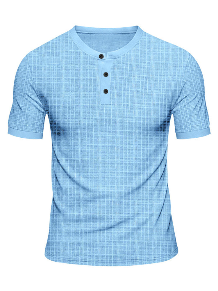 Short Sleeve Three-Button Placket Banded Collar Textured Grid Knit Casual Tee