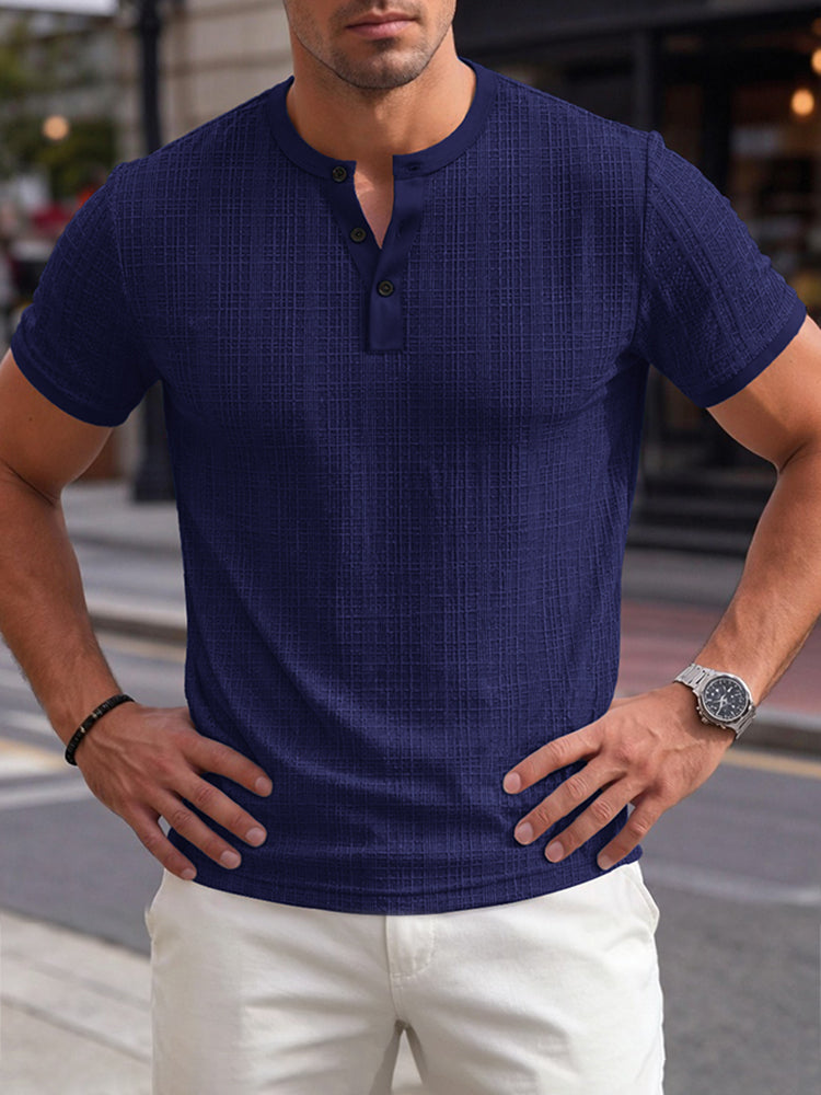 Short Sleeve Three-Button Placket Banded Collar Textured Grid Knit Casual Tee