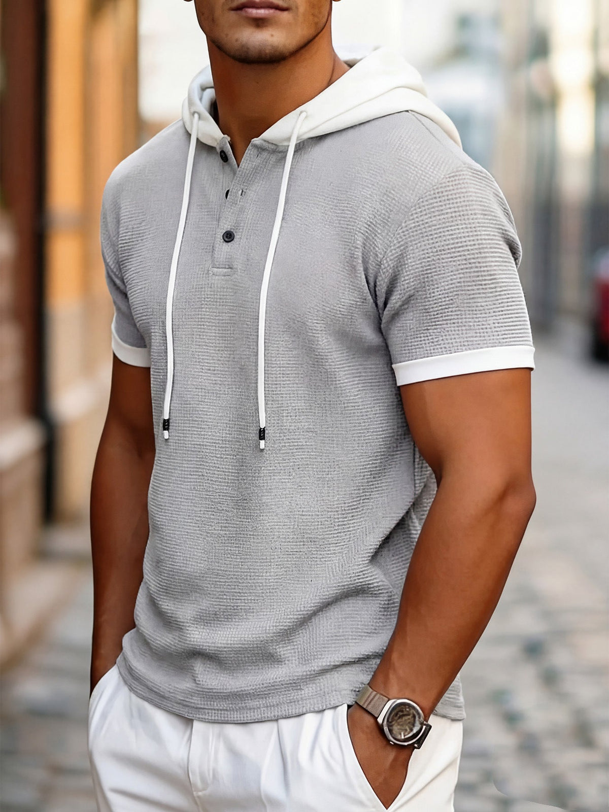 Short Sleeve Contrast Waffle Knit Casual Drawstring Tee
