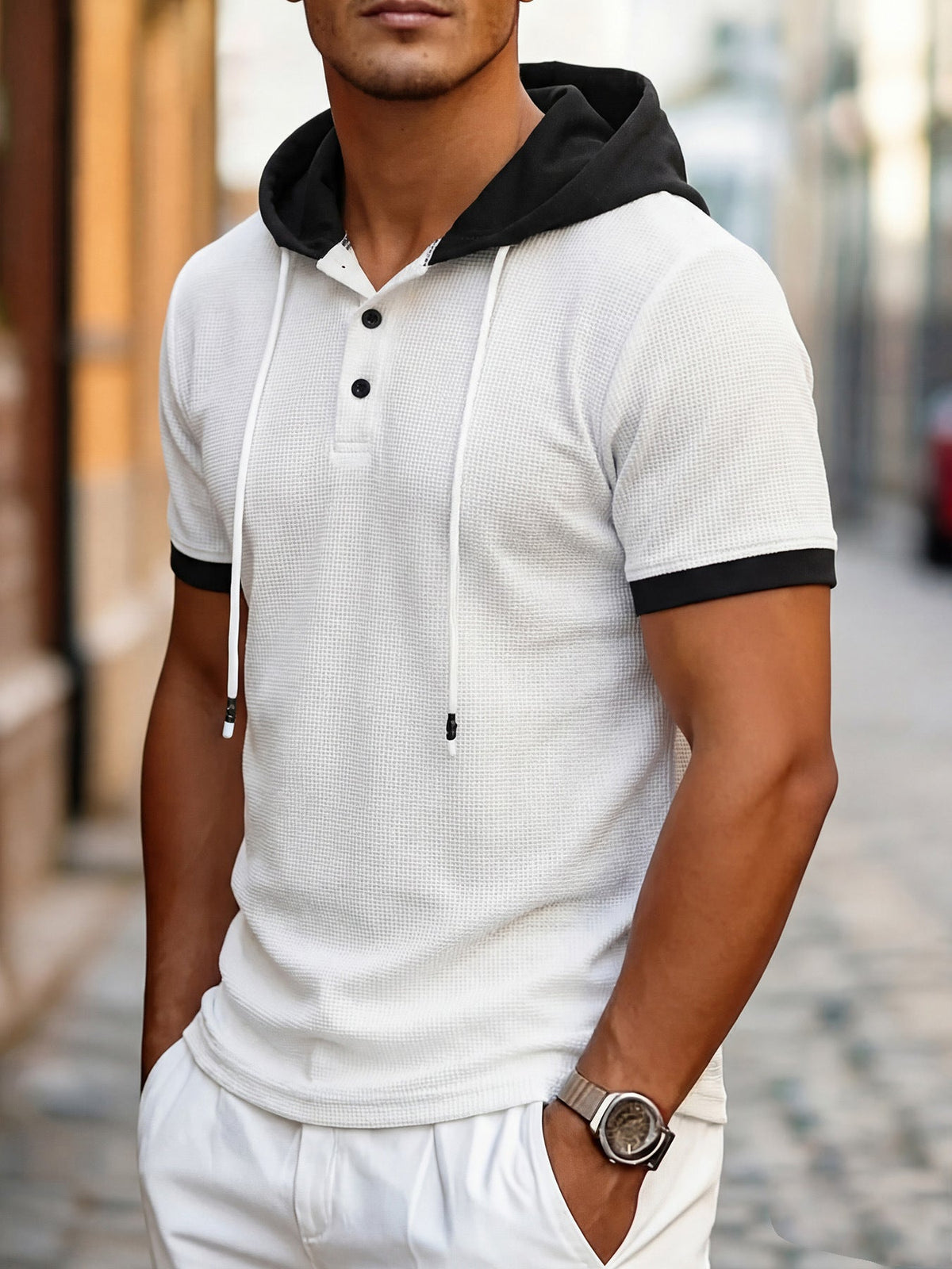 Short Sleeve Contrast Waffle Knit Casual Drawstring Tee