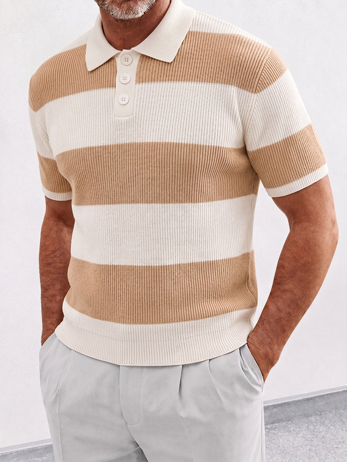 Striped Knit Polo Shirt Short Sleeve Ribbed