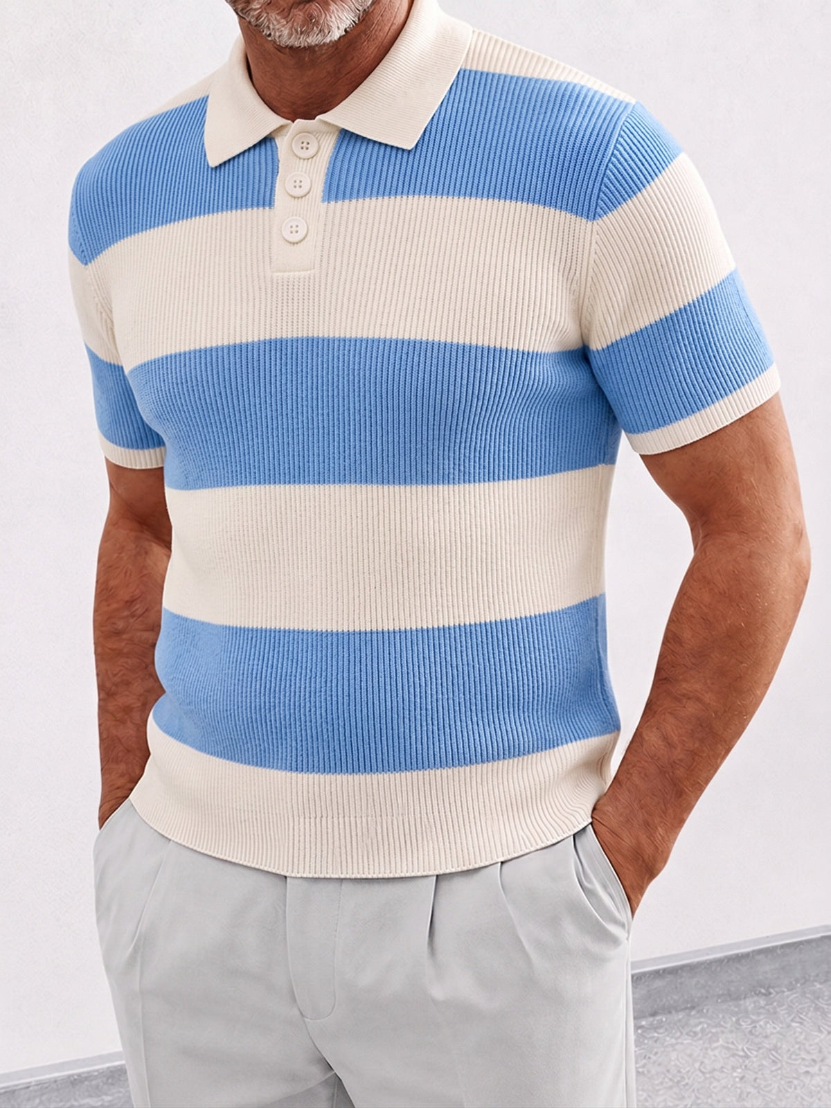 Striped Knit Polo Shirt Short Sleeve Ribbed