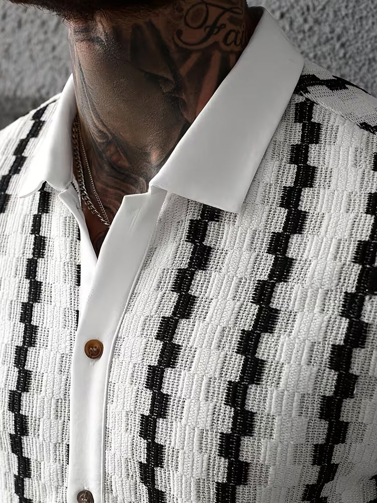 Cuban Collar Textured Stripe Short Sleeve Shirt